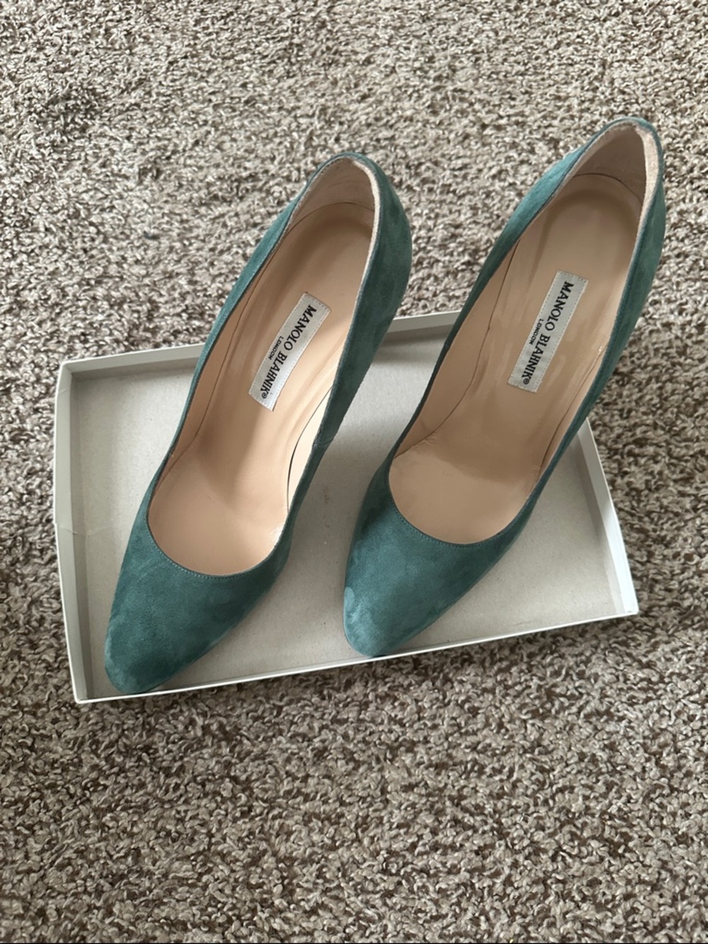 Manolo Blahnik Green Suede Pointed-Toe Pumps